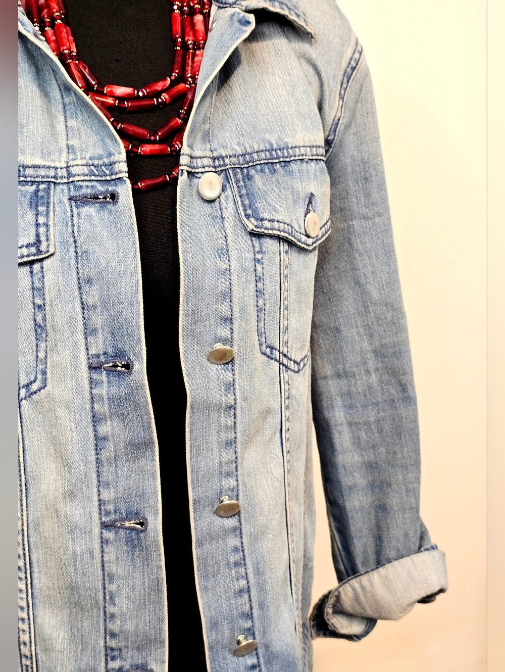 Oversized Denim Jacket Light Wash Button Front Classic Trucker Style Size S - Picture 2 of 10